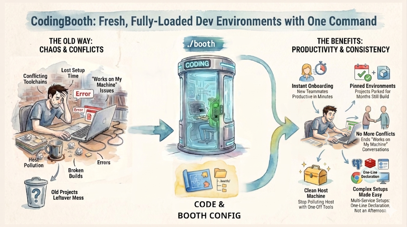 Overview of CodingBooth: each project gets its own isolated, reproducible, shareable development environment