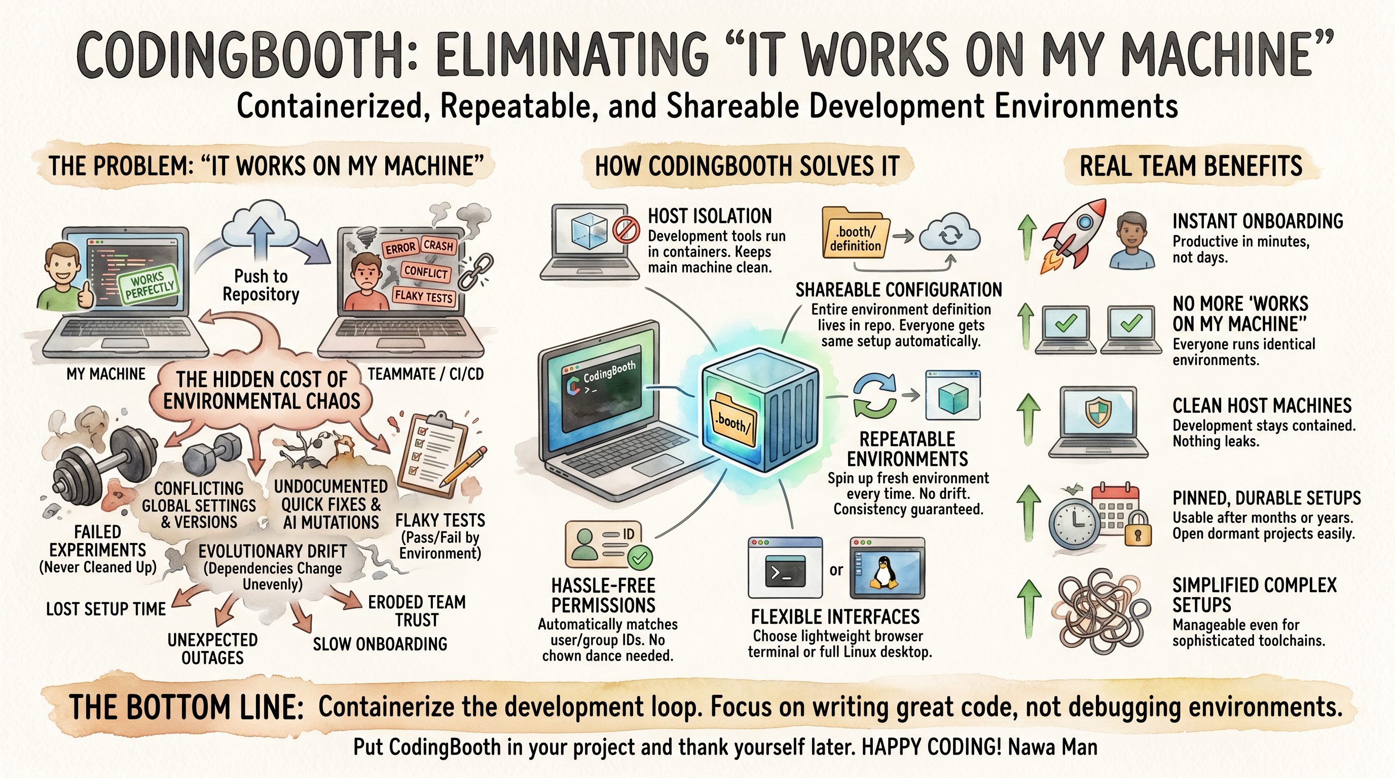CodingBooth infographic: the problem, the hidden cost of environmental chaos, how CodingBooth solves it, and real team benefits
