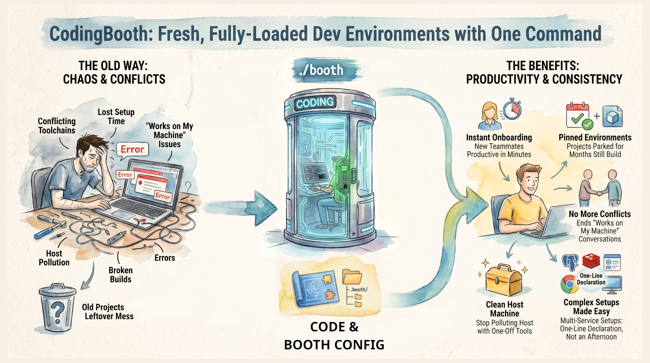 CodingBooth overview: chaos and conflicts on the left, the booth in the middle, productivity and consistency on the right